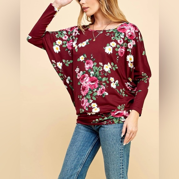 Flowy and Comfort Draped Long Sleeve Batwing Dolman -wine floral - Picture 4 of 6